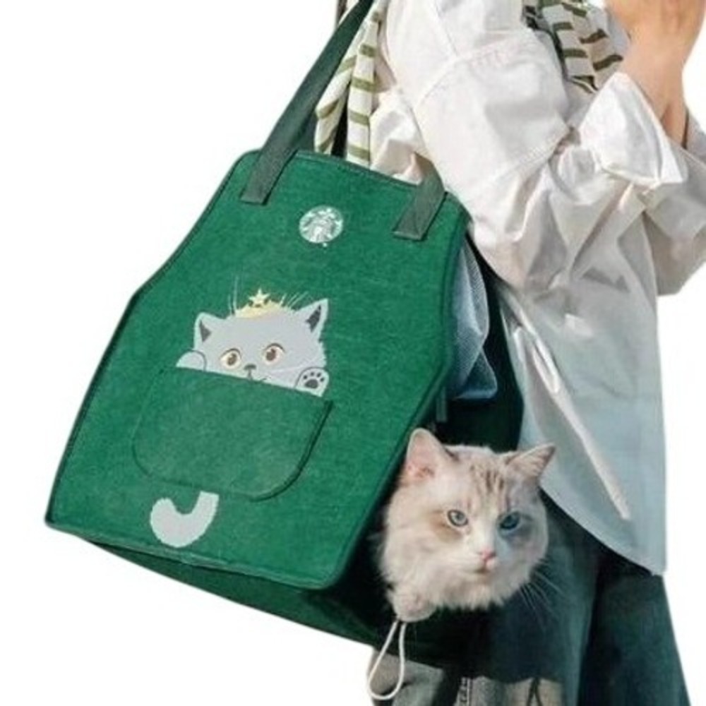 Official Starbucks Cat Carrier Tote Bag Green Apron Travel Breathable Mesh Felt